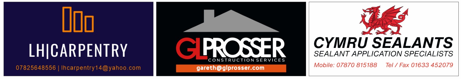 LH Carpentry, GL Prosser Construction Services and Cymru Sealants logos LH Carpentry, GL Prosser Construction Services and Cymru Sealants logos