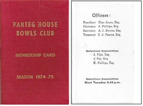 Panteg House Bowls Club Membership Card 1974-75 Panteg House Bowls Club Membership Card 1974-75