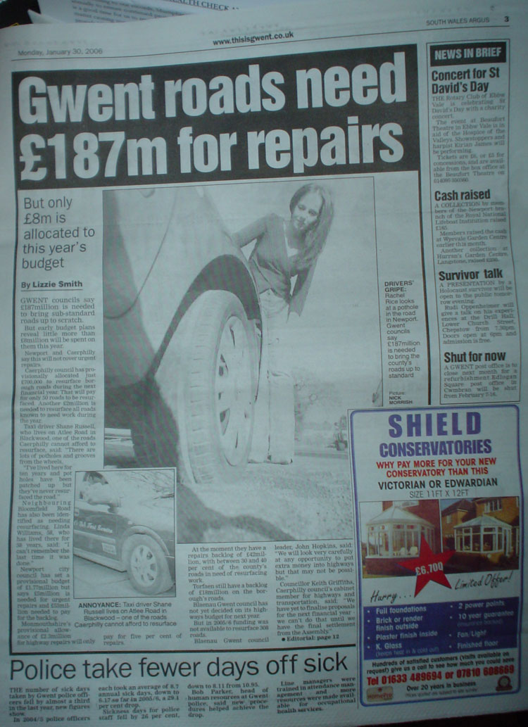 Gwent Roads Need 187m For Repairs newspaper article Gwent Roads Need 187m For Repairs newspaper article